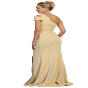 May Queen - MQ1572 Fitted One Shoulder Strap Evening Dress with Slit (CHAMPAGNE)